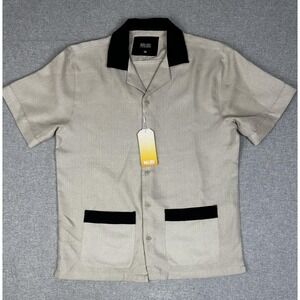 Malibu Shirt Mens Medium Beige Black Camp Collar Button Up Short Sleeve Pockets‎
